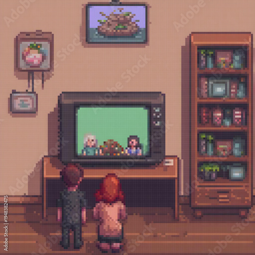 Two people, a man and a woman, are watching a TV show with a green background and pixel art.