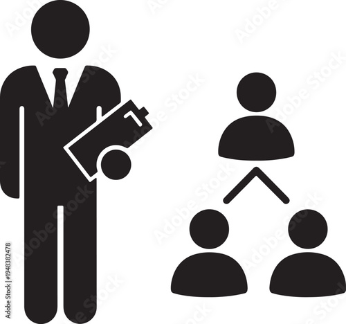 Black silhouette of a man in a suit holding a clipboard and a diagram of a hierarchical team structure also transparent background