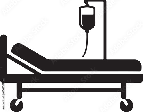 Black silhouette of a hospital bed with an intravenous drip stand and bag also transparent background