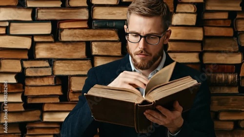A man in glasses is reading a book in front of a wall full of books
