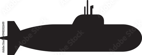 Black silhouette of a submarine with periscope and fins on a white background also transparent background