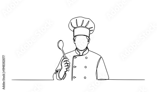 Continuous one line drawing professional chef with hat cooking outline vector illustration