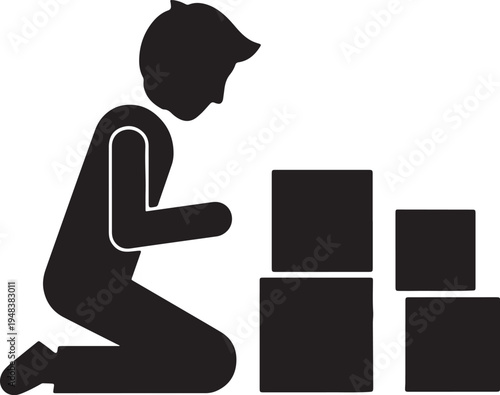 Silhouette of a child kneeling and playing with building blocks also transparent background