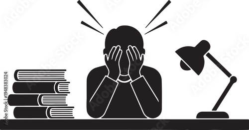Silhouette of a person covering face in despair at a desk with books and a lamp also transparent background