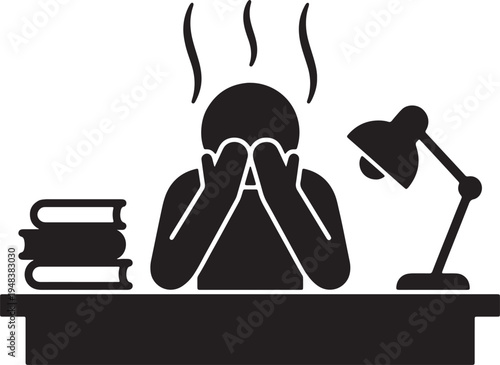 Silhouette of a person overwhelmed by work at a desk with books and a lamp also transparent background