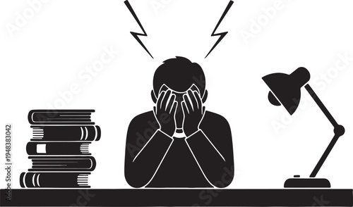 Silhouette of a person stressed out sitting at a desk covering face with hands near a stack of books and a desk lamp also transparent background