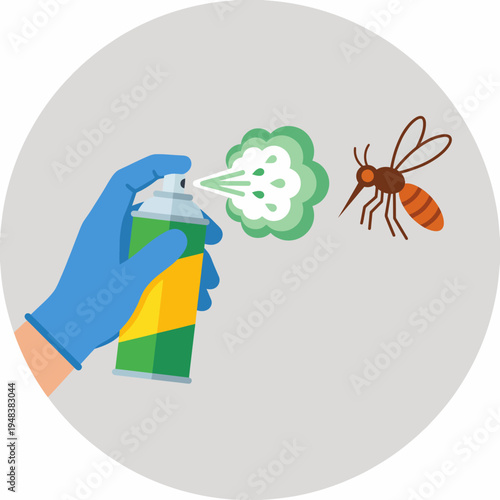 A gloved hand sprays insect repellent towards a bee, capturing the essence of pest control and the interaction between humans and harmful insects in a stylized manner.