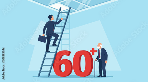 A businessman ascends a ladder next to a large '60+', signifying life's milestones, achievements, and the journey of growth and aging in a positive light.
