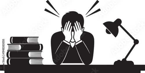 Silhouette of a stressed person with head in hands at a desk with books and a lamp also transparent background
