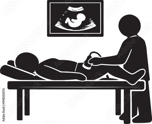 Silhouette of person receiving ultrasound on examination table with fetus on screen also transparent background