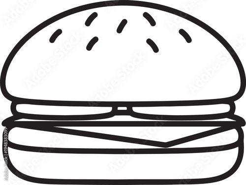 Simple black line of a hamburger with sesame seeds on the bun also transparent background food fast food