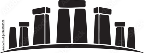 Stylized black silhouette of stonehenge monoliths on a curved base also transparent background white
