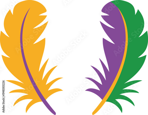 Two stylized feathers in yellow and purple green and purple on a white background plume quill