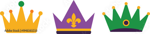 Three decorative crowns in yellow purple and green with gold accents royalty king