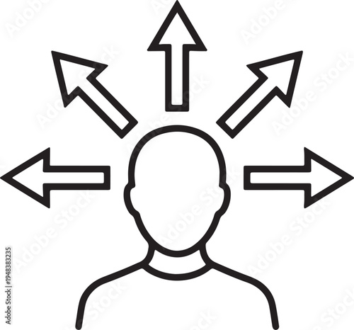 Stylized outline of a human head with multiple arrows pointing outwards in different directions also transparent background