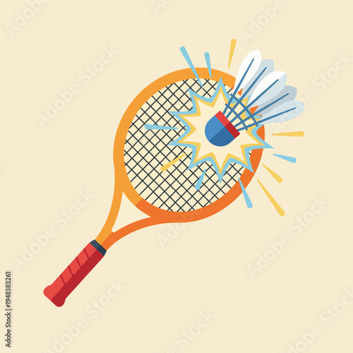 This vibrant illustration showcases a badminton racket with explosive motion lines and a shuttlecock, capturing the dynamic energy of the game in an eye-catching design.