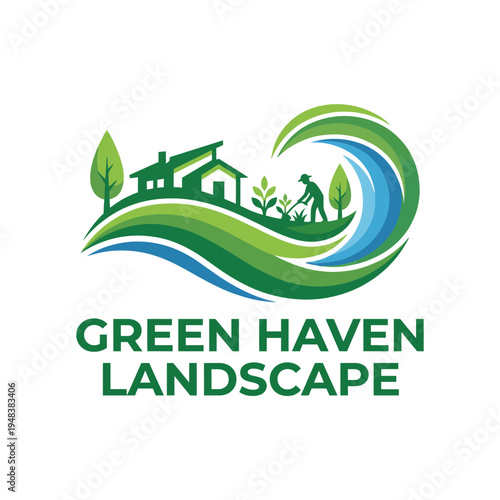 An eco-friendly logo design featuring a house, gardener, and flowing elements, representing landscape aesthetics and sustainable living harmonized with nature.