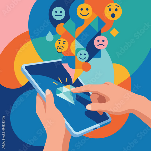 An engaging depiction of hands interacting with a smartphone displaying various emoticons, representing digital communication, emotions, and the online human experience.