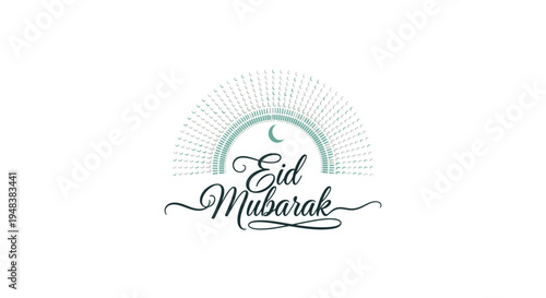 A festive Eid Mubarak design featuring a crescent moon and vibrant rays on a white background, ideal for holiday greetings and celebrations.
