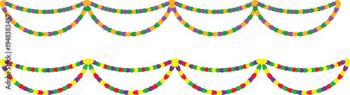 Two rows of colorful Mardi Gras bead garlands in purple green yellow and red beads decoration