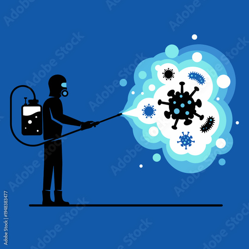 A professional wearing protective gear sprays disinfectant to combat viruses, symbolizing hygiene and health safety measures in pandemic times for public protection.