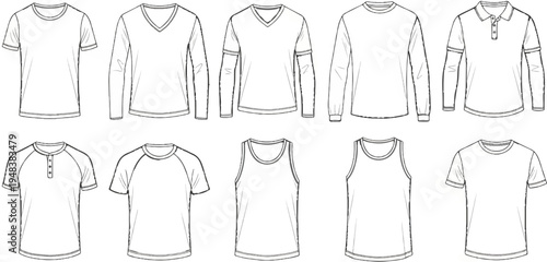 Collection of diverse t-shirt and tank top designs, sketched for fashion