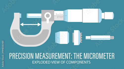 This image features an exploded view of a micrometer, an essential tool for precision measurement in engineering and manufacturing applications.