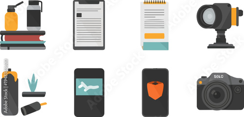 Collection of electronic gadgets, writing tools, and camera equipment