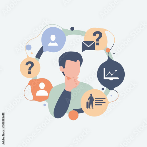 Businessman with thought and question marks.