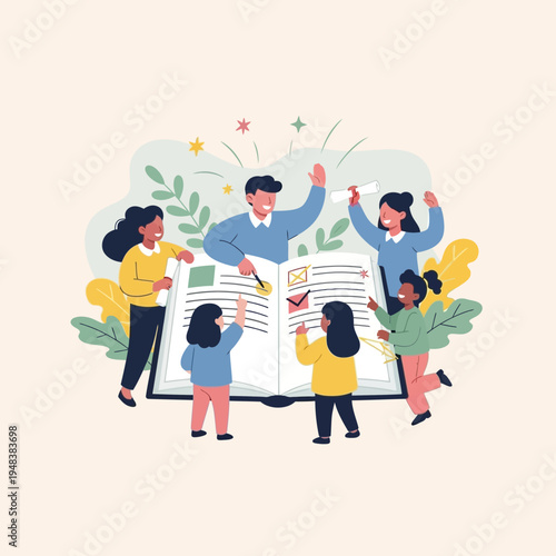 Diverse group of people reading book.