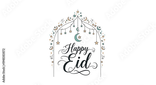 A festive Eid Mubarak design featuring a crescent moon, stars, and elegant script on a white background, perfect for holiday greetings and celebrations.