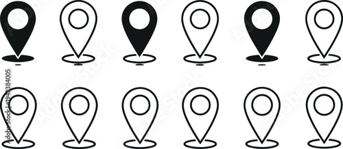 Map location pin icon vector set with navigation markers and GPS place symbols isolated on light background for travel, mapping, and navigation design