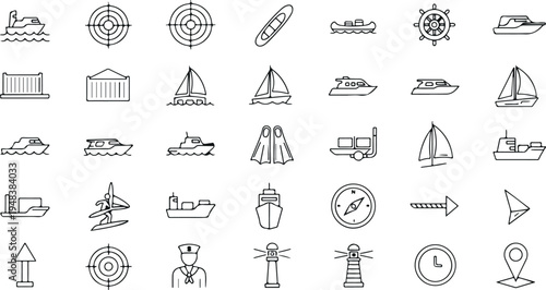 Marine navigation and nautical transport line icons set including ship boat sailboat lighthouse anchor compass vector collection