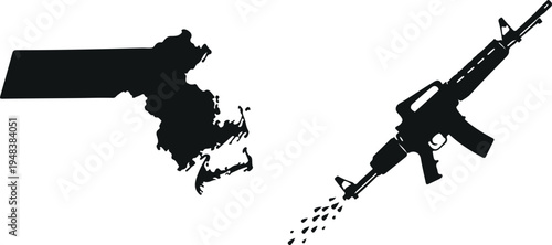 Massachusetts state map and assault rifle silhouette vector set isolated on light background for geography, military concept, weapon symbol, and design