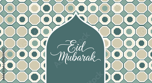 A digital illustration of an Eid Mubarak greeting card featuring a mosque arch on a geometric patterned background, ideal for Ramadan and Islamic holiday celebrations