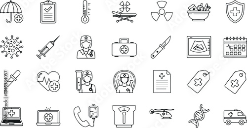 Medical and healthcare line icons set including doctor syringe first aid shield hospital tools medicine and health care vector collection
