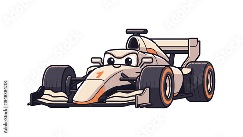 Cartoon illustration of a beige and orange race car with a smiling face on a plain white background.