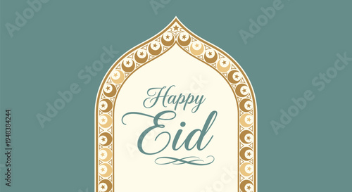 A festive Eid Mubarak greeting card featuring an ornate archway with 'Happy Eid' text on a teal background, perfect for holiday celebrations and Islamic traditions.