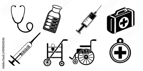 medical icons including stethoscope and syringe Vector