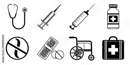 medical icons including stethoscope and pills Vector