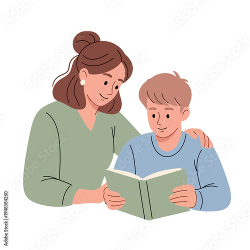 Woman and boy reading book together.