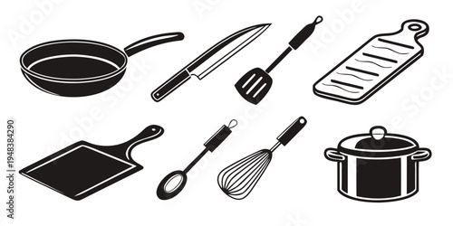 a collection of kitchen utensils and cookware Vector