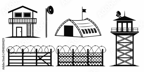 prison camp with guard tower and barbed wire fences Vector