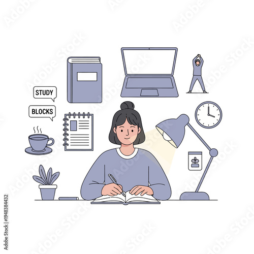 Young woman studying with notebook.