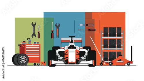 Flat illustration of a race car parked in a garage with tools and equipment on colorful walls.