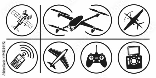 a collection of icons featuring various types of aircraft and drones Vector