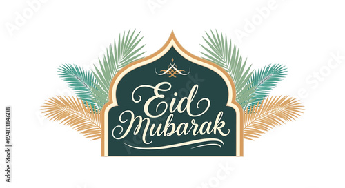 Eid Mubarak celebration design with traditional Islamic arch and palm leaves on a white background, ideal for Ramadan and Eid al-Fitr marketing materials