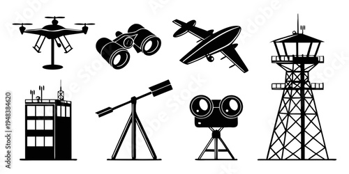 collection of various observation and surveillance equipment Vector
