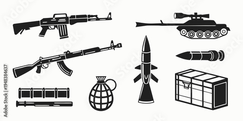 collection of various military weapons and equipment Vector