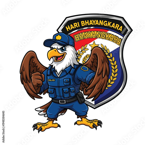 Eagle Police Mascot in uniform with shield badge